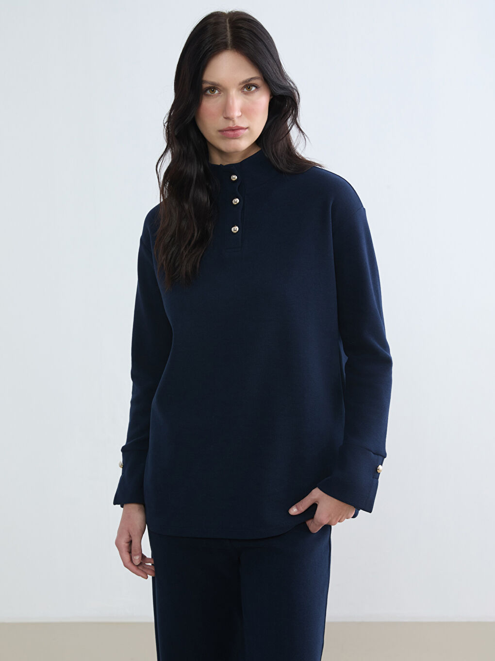 Lacivert Dik Yaka Kadın Sweatshirt Tunik