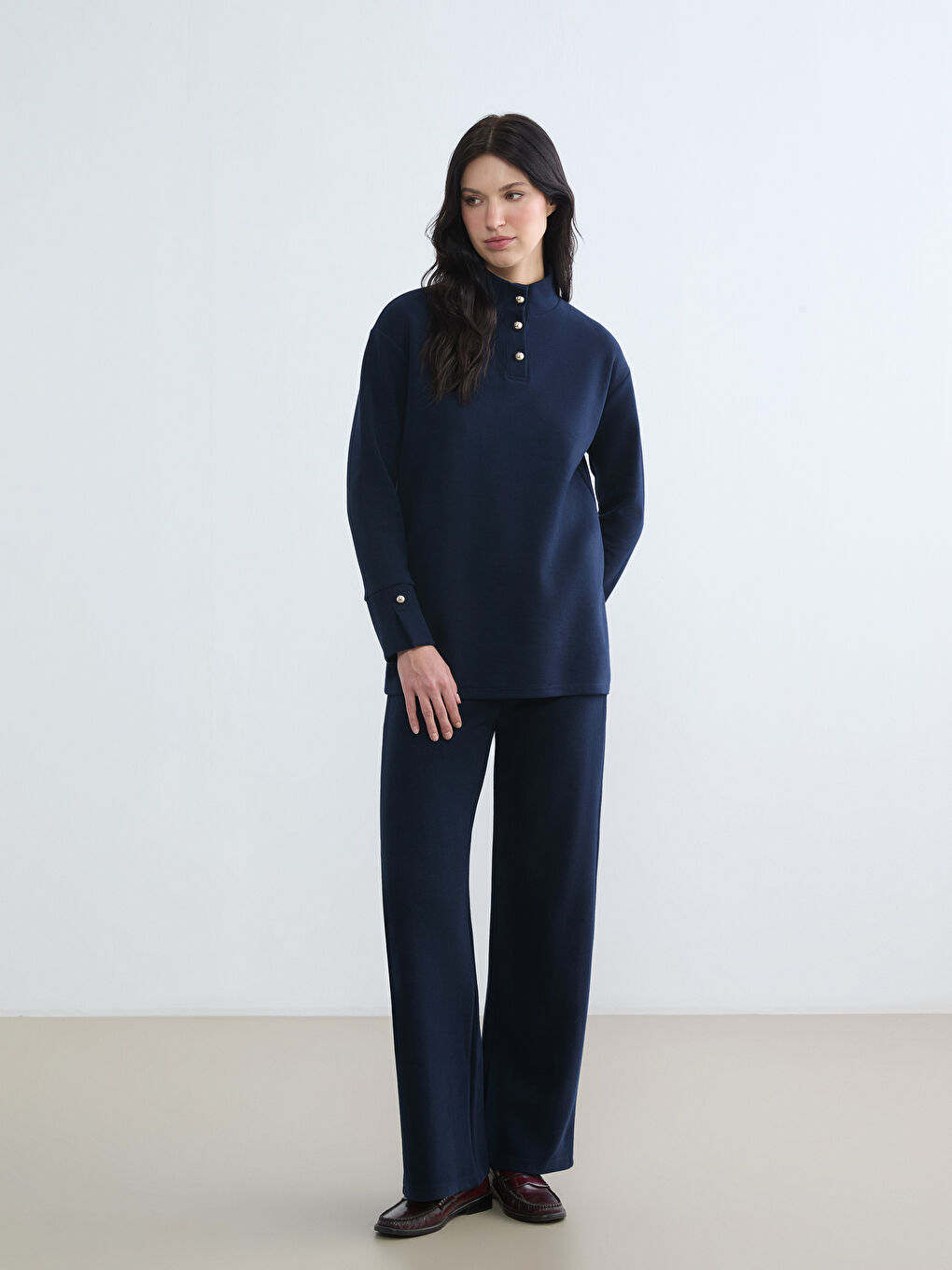 Lacivert Dik Yaka Kadın Sweatshirt Tunik-1