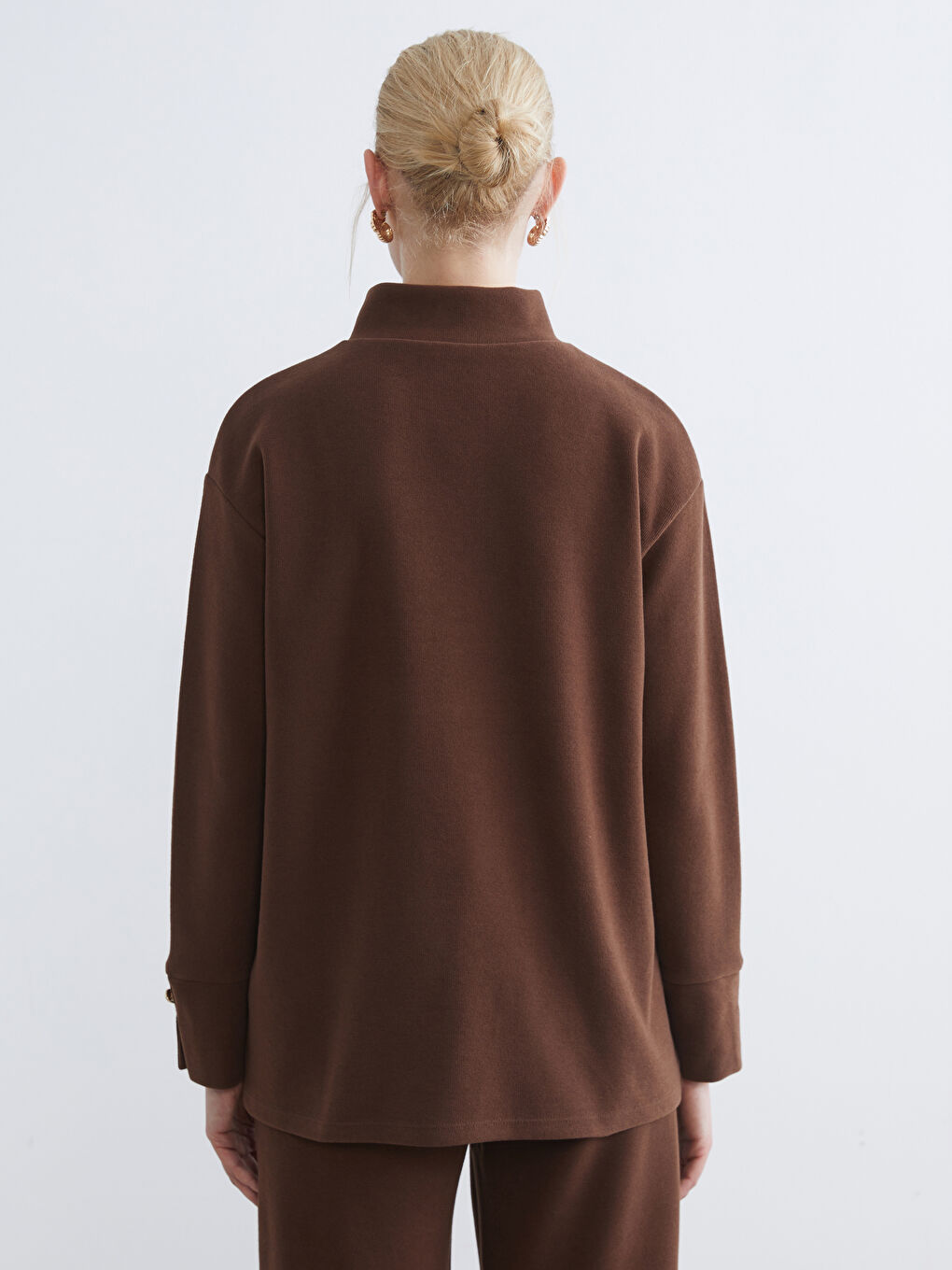 Kahverengi Dik Yaka Kadın Sweatshirt Tunik-3