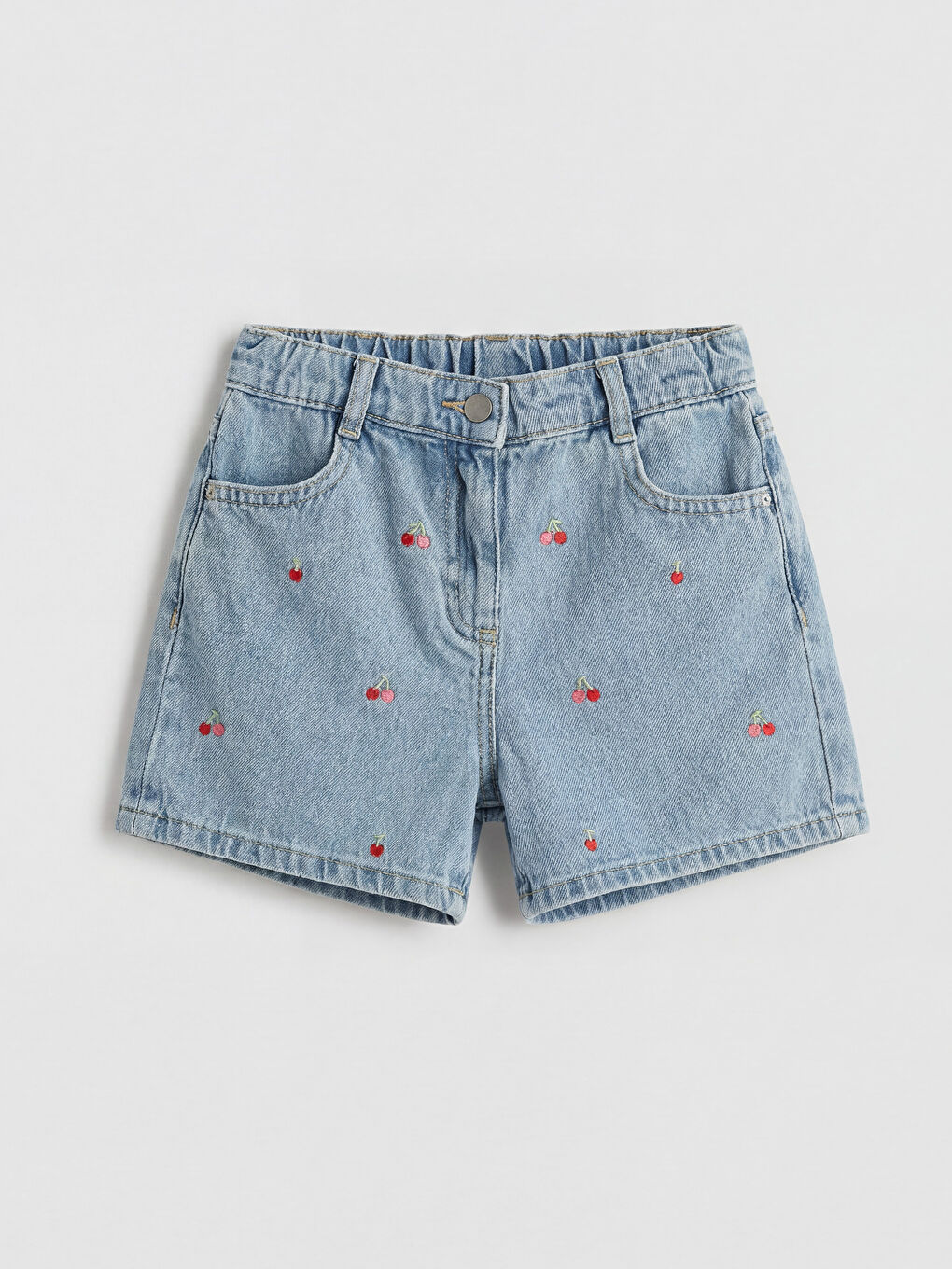 İndigo Beli Lastikli Nakışlı Kız Çocuk Jean Şort	-1