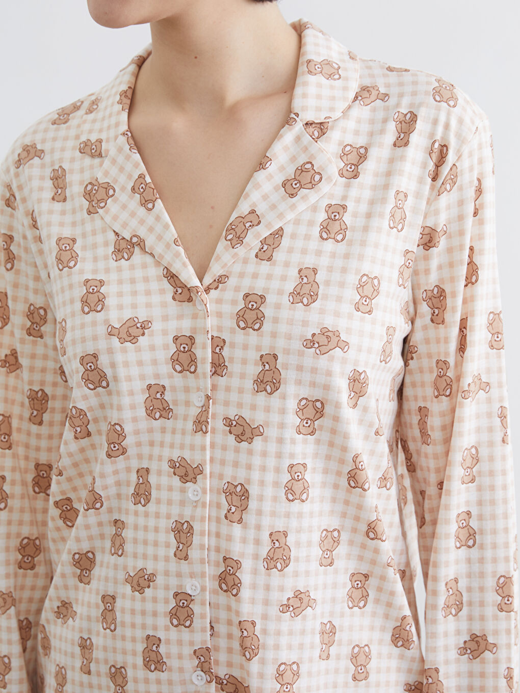 Pembe Gömlek Yaka Ayı Baskılı Kadın Pijama Üstü-2