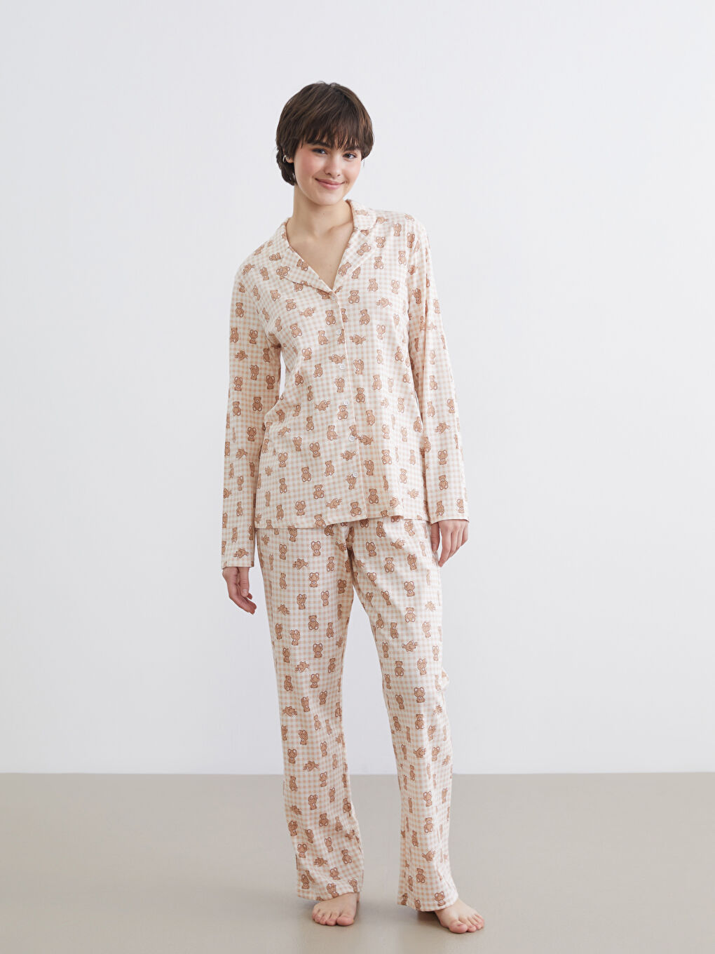 Pembe Beli Lastikli Ayı Baskılı Kadın Pijama Altı