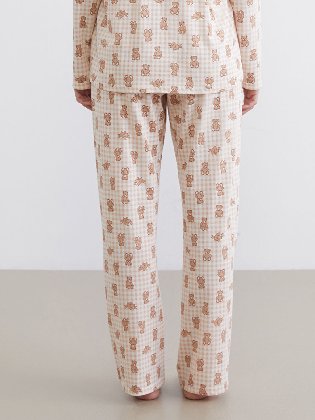 Pembe Beli Lastikli Ayı Baskılı Kadın Pijama Altı-1