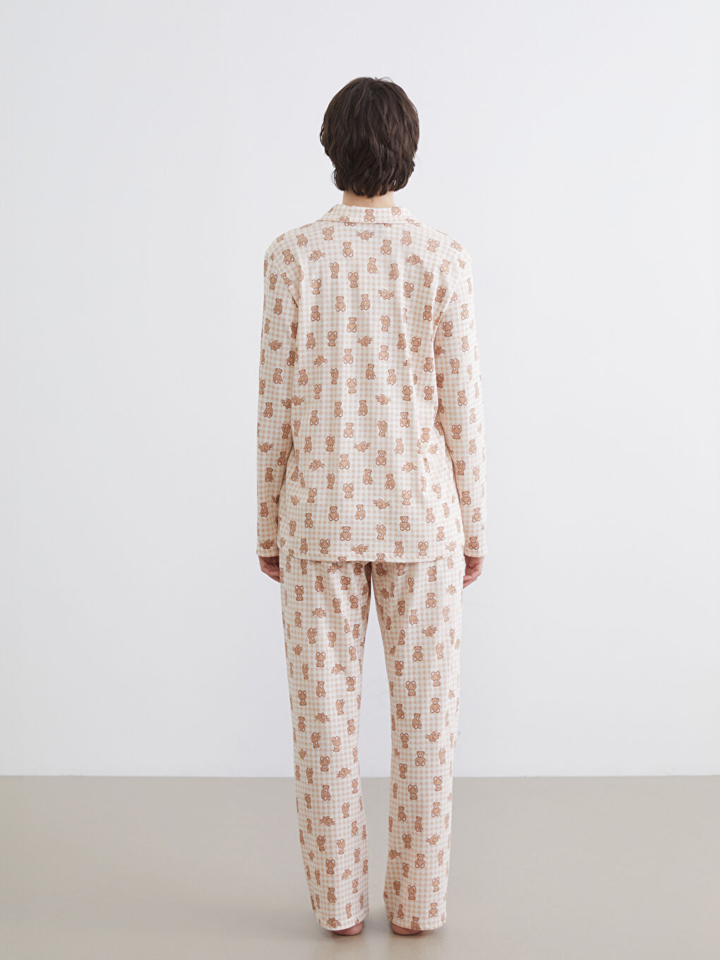 Pembe Gömlek Yaka Teddy Desenli Kadın Pijama Takım-3