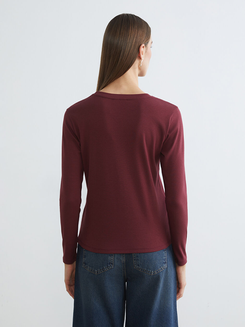 Bordo Bisiklet Yaka Kadın Tişört-3