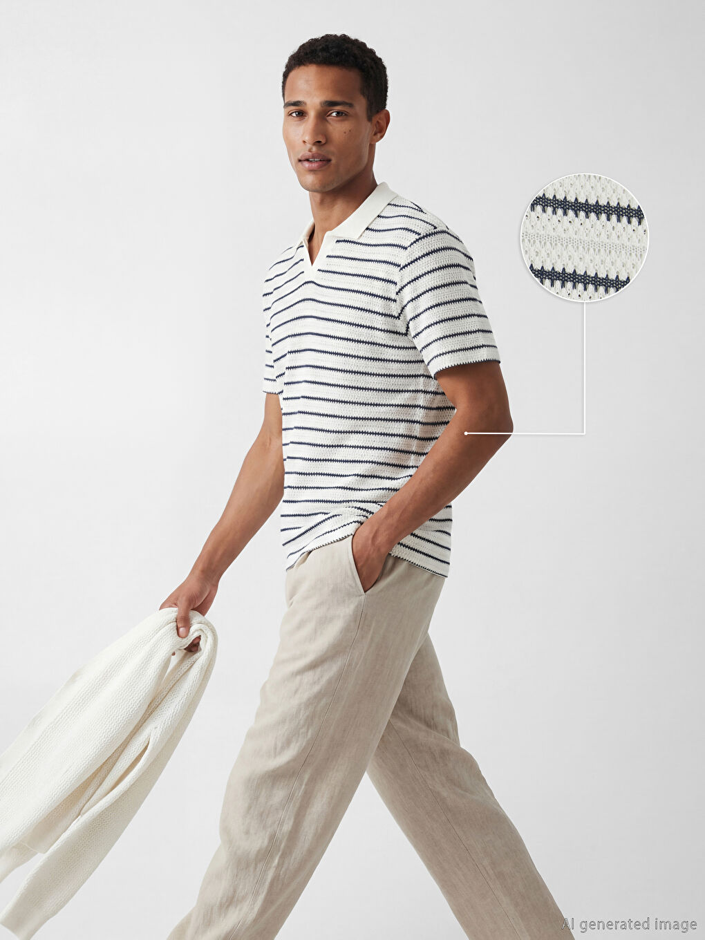 Lacivert Polo Yaka Çizgili Triko Erkek Tişört-0