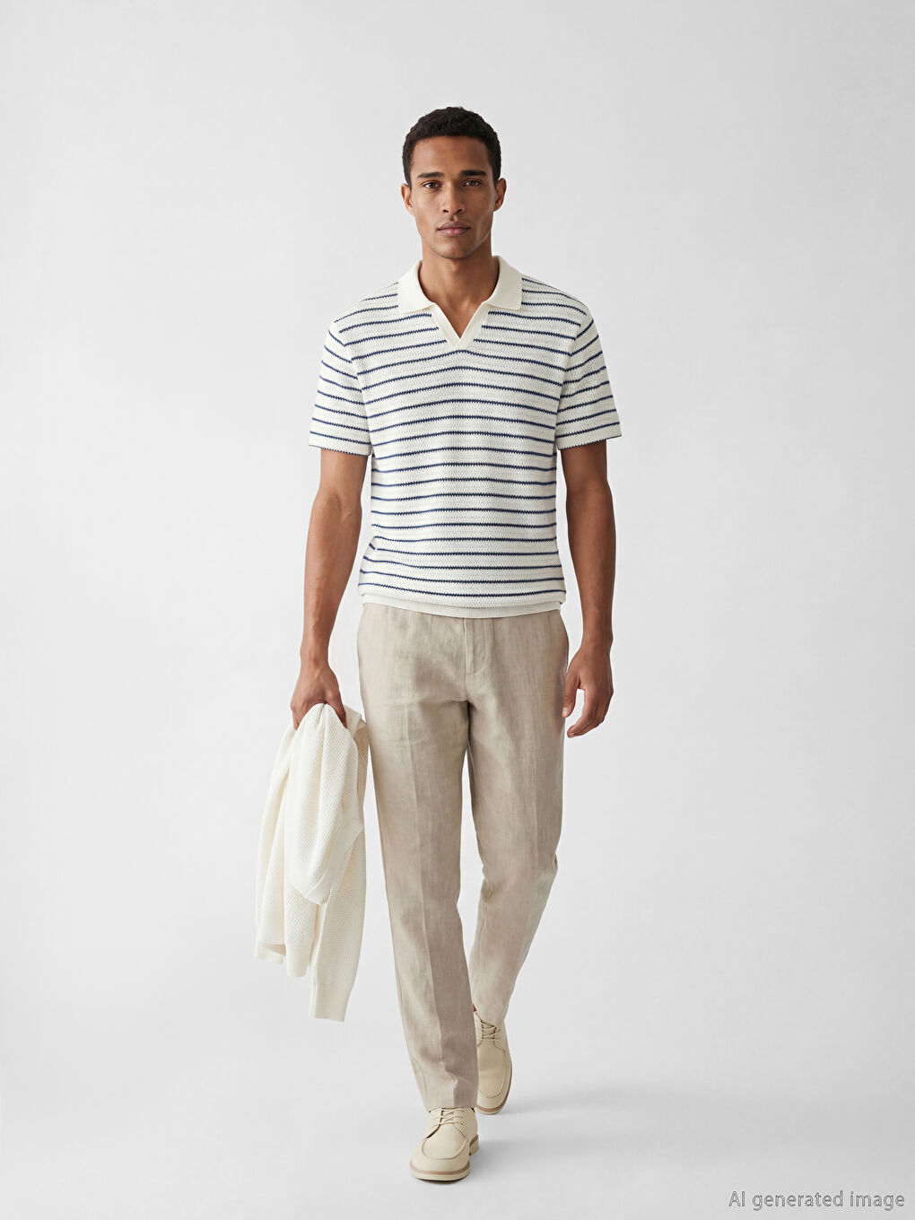 Lacivert Polo Yaka Çizgili Triko Erkek Tişört-1