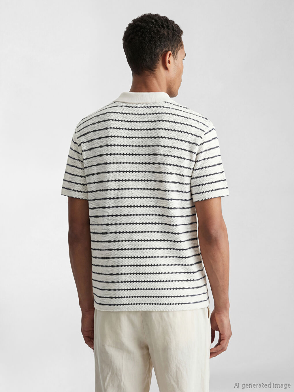 Lacivert Polo Yaka Çizgili Triko Erkek Tişört-2