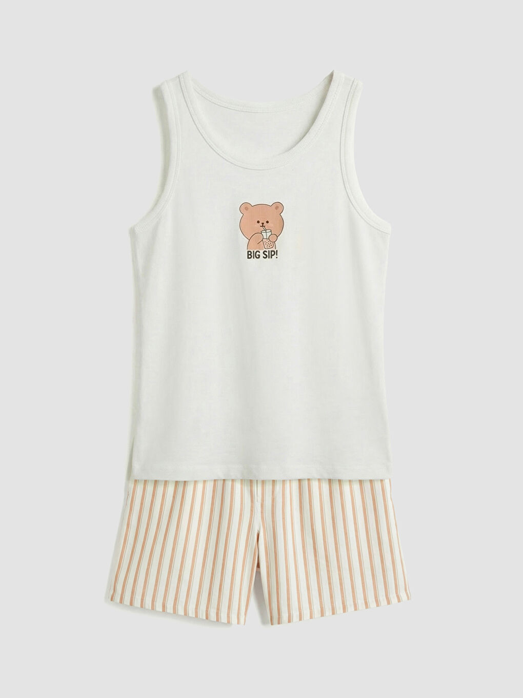 Ekru U Yaka Baskılı Kadın Şortlu Pijama Takımı