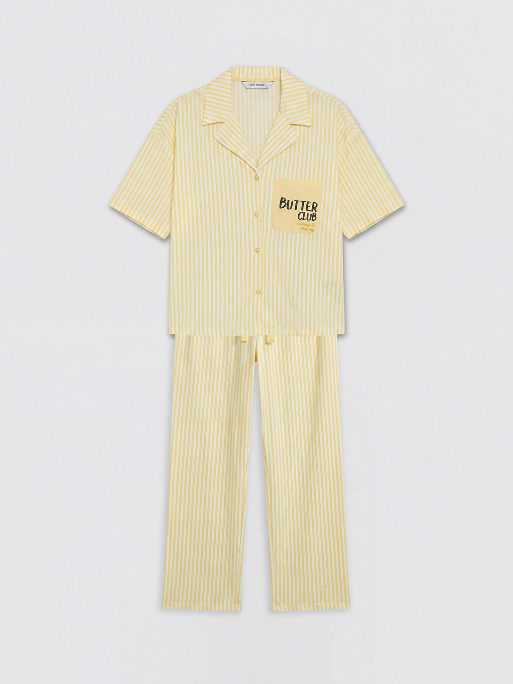 Sarı Gömlek Yaka Çizgili Kadın Pijama Takımı