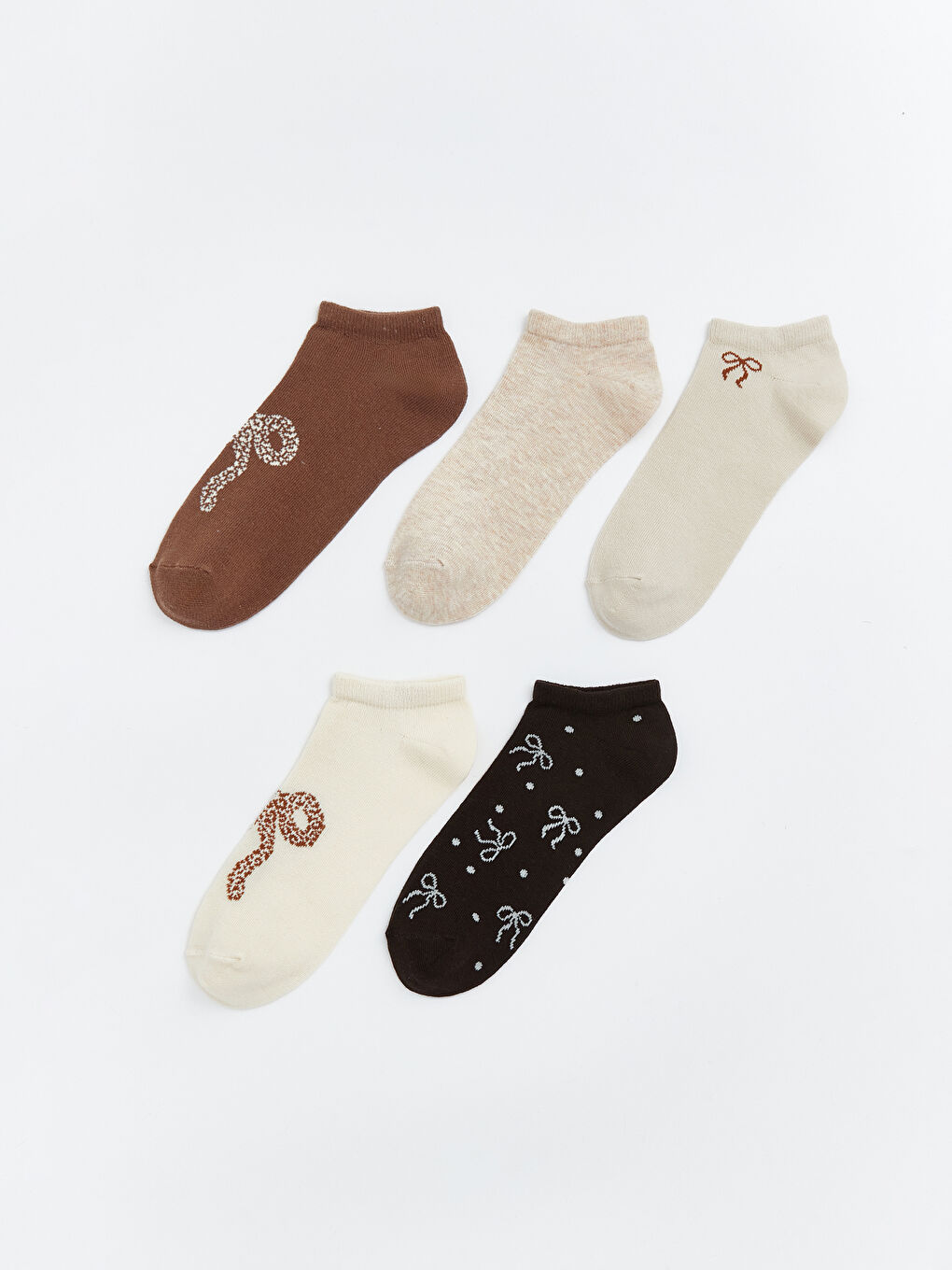 Kahverengi Fiyonk Desenli Kadın Patik Çorap 5'li 