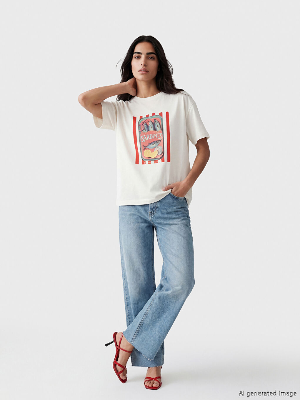 Gri Bisiklet Yaka Baskılı Oversize Kadın Tişört-1