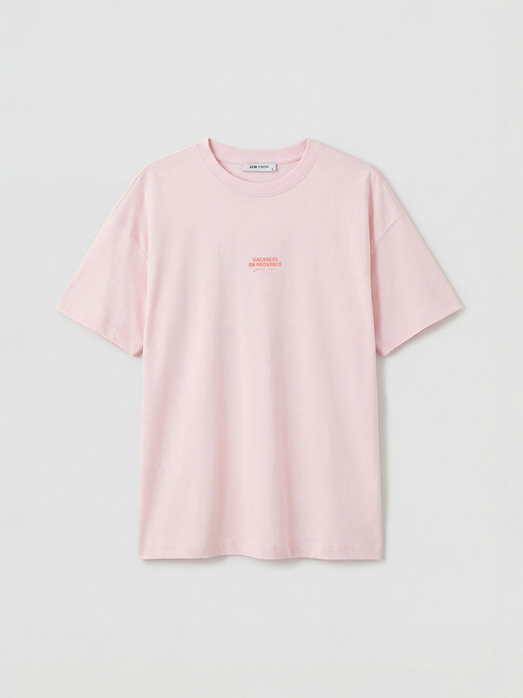 Pembe Bisiklet Yaka Baskılı Oversize Kadın Tişört-4