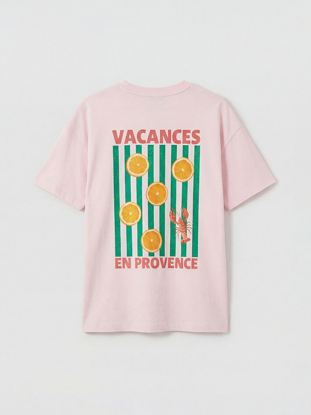 Pembe Bisiklet Yaka Baskılı Oversize Kadın Tişört-5