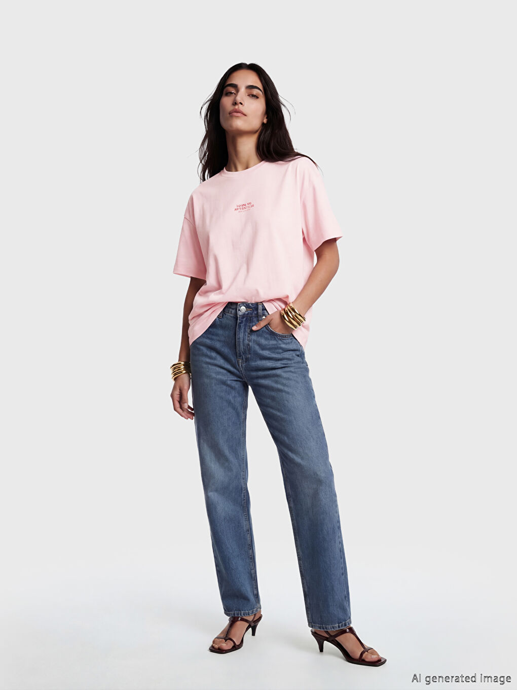 Pembe Bisiklet Yaka Baskılı Oversize Kadın Tişört-1