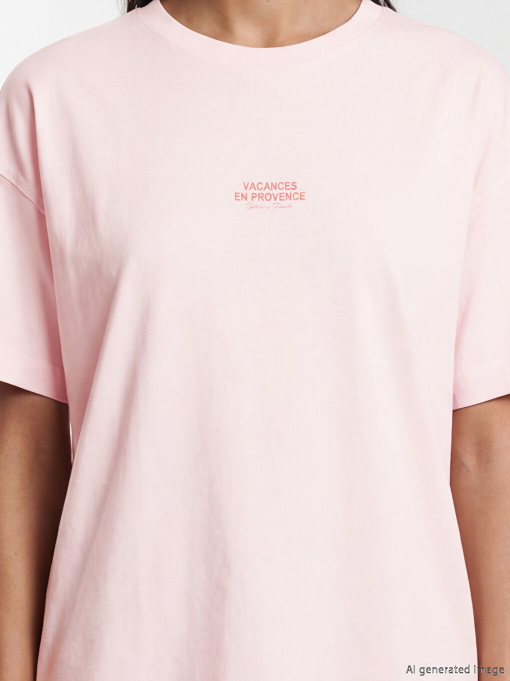 Pembe Bisiklet Yaka Baskılı Oversize Kadın Tişört-2