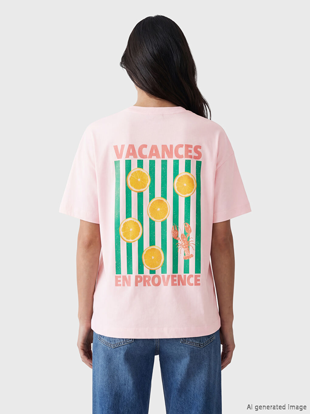 Pembe Bisiklet Yaka Baskılı Oversize Kadın Tişört-3