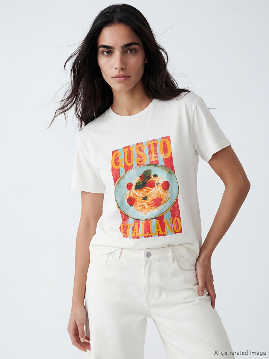 Gri Bisiklet Yaka Baskılı Kadın Tişört