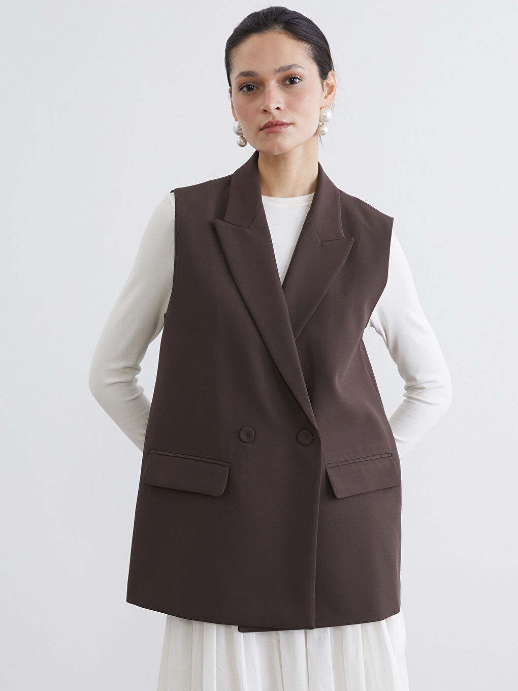 Kahverengi Kruvaze Yaka Kadın Klasik Yelek