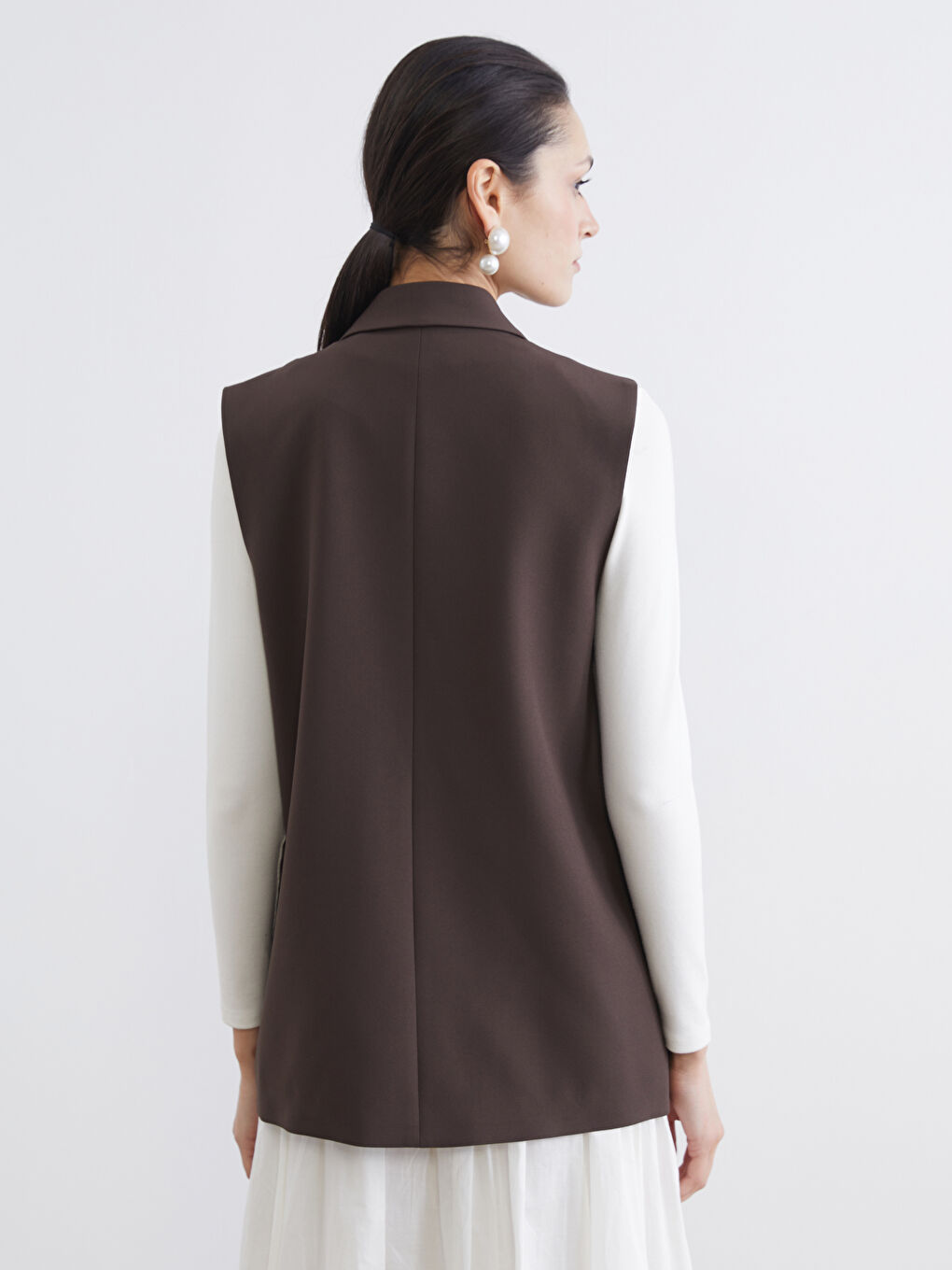 Kahverengi Kruvaze Yaka Kadın Klasik Yelek-4