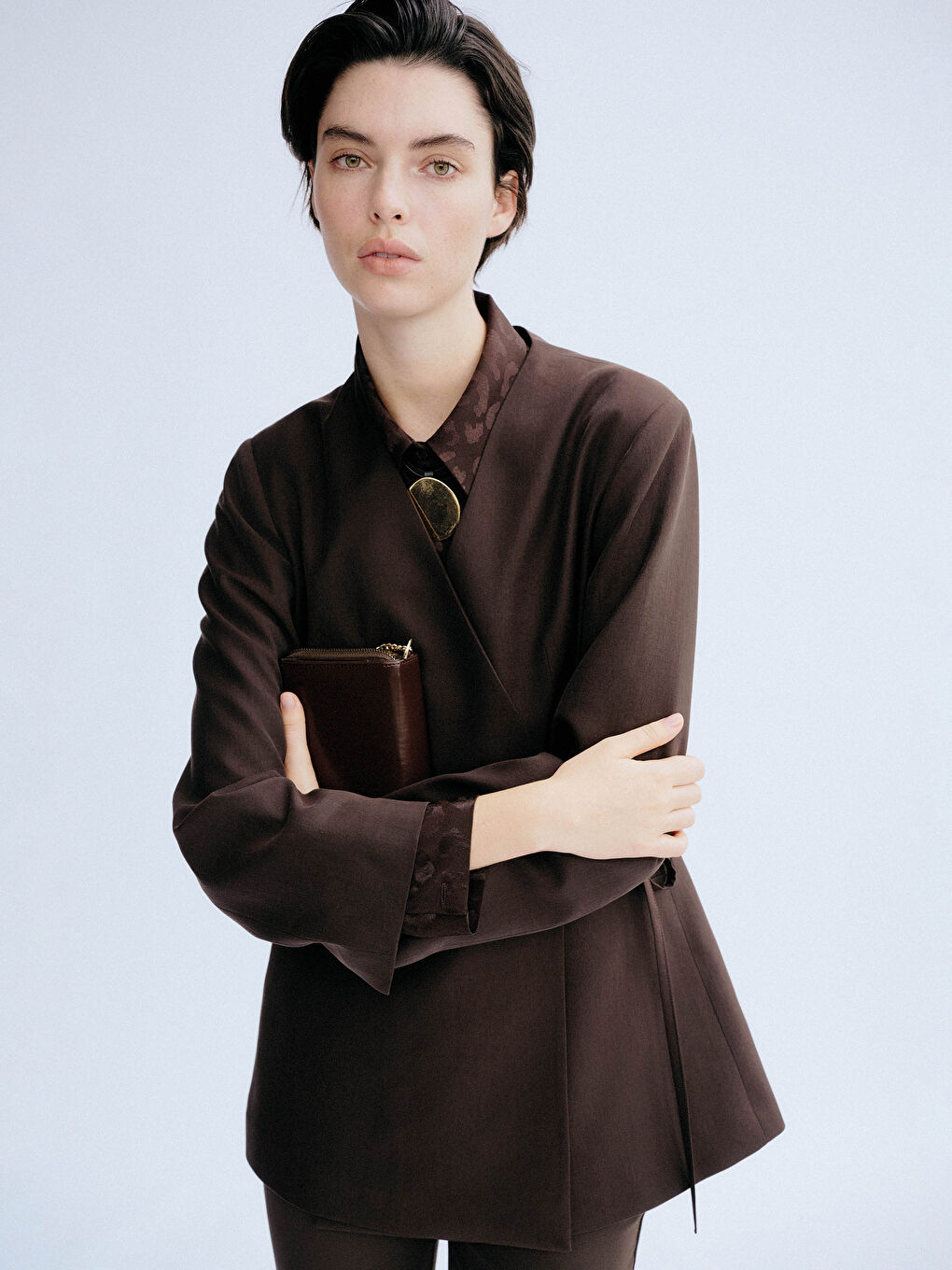 Kahverengi Kruvaze Yaka Kadın Blazer Ceket