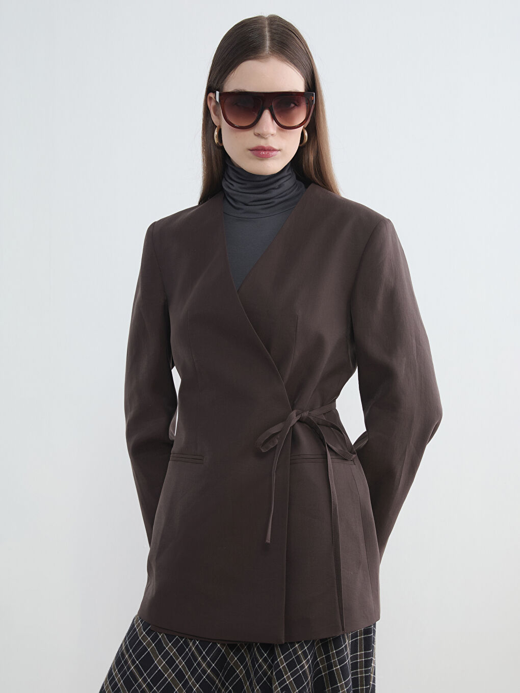 Kahverengi Kruvaze Yaka Kadın Blazer Ceket-4