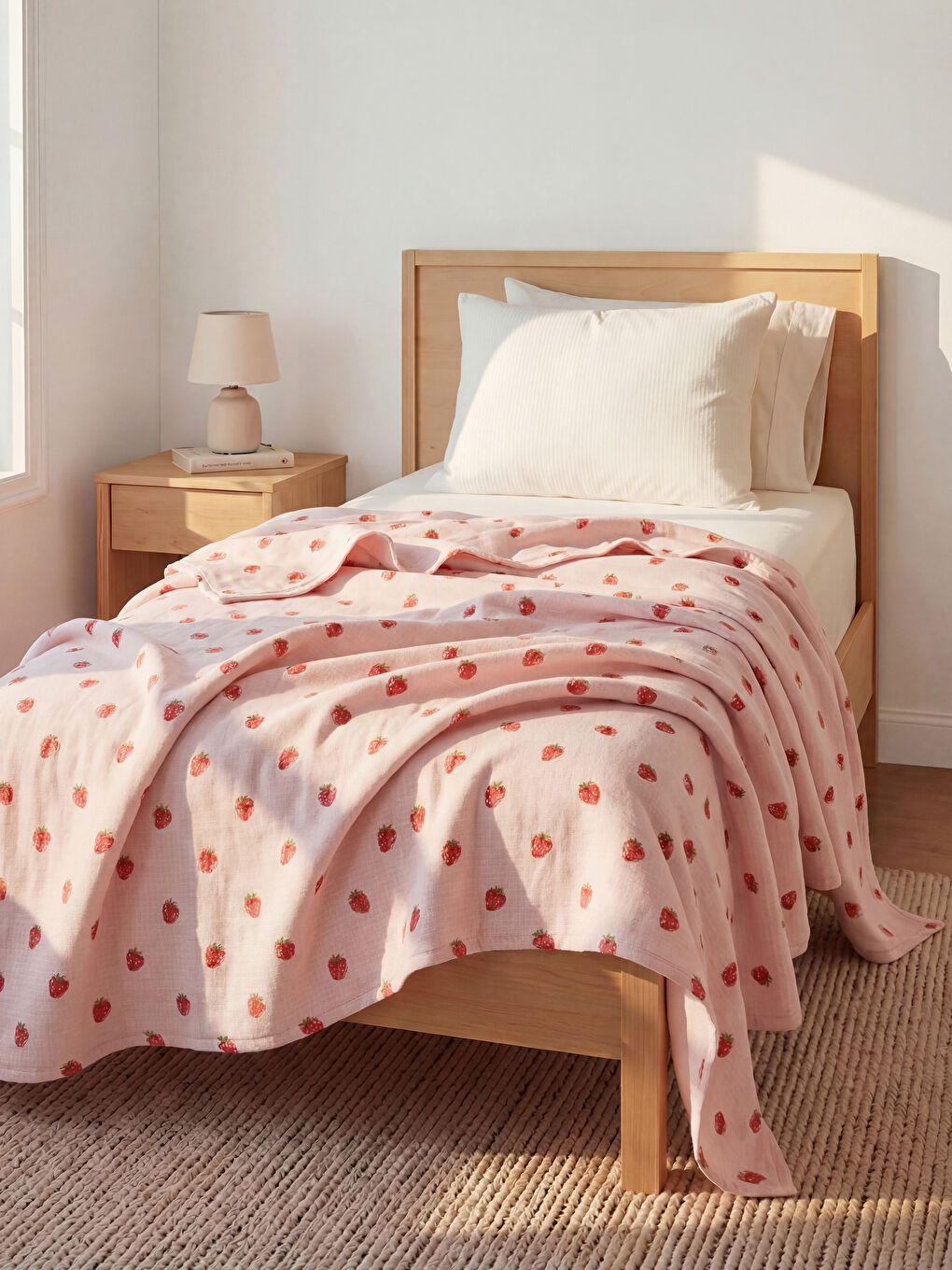 Pembe Çilek Desenli Tek Kişilik Pike 160x220 cm