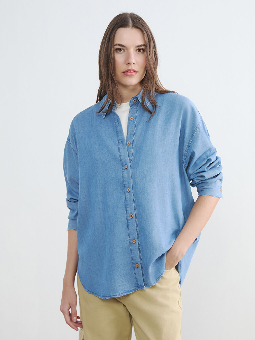 İndigo Oversize Kadın Jean Gömlek