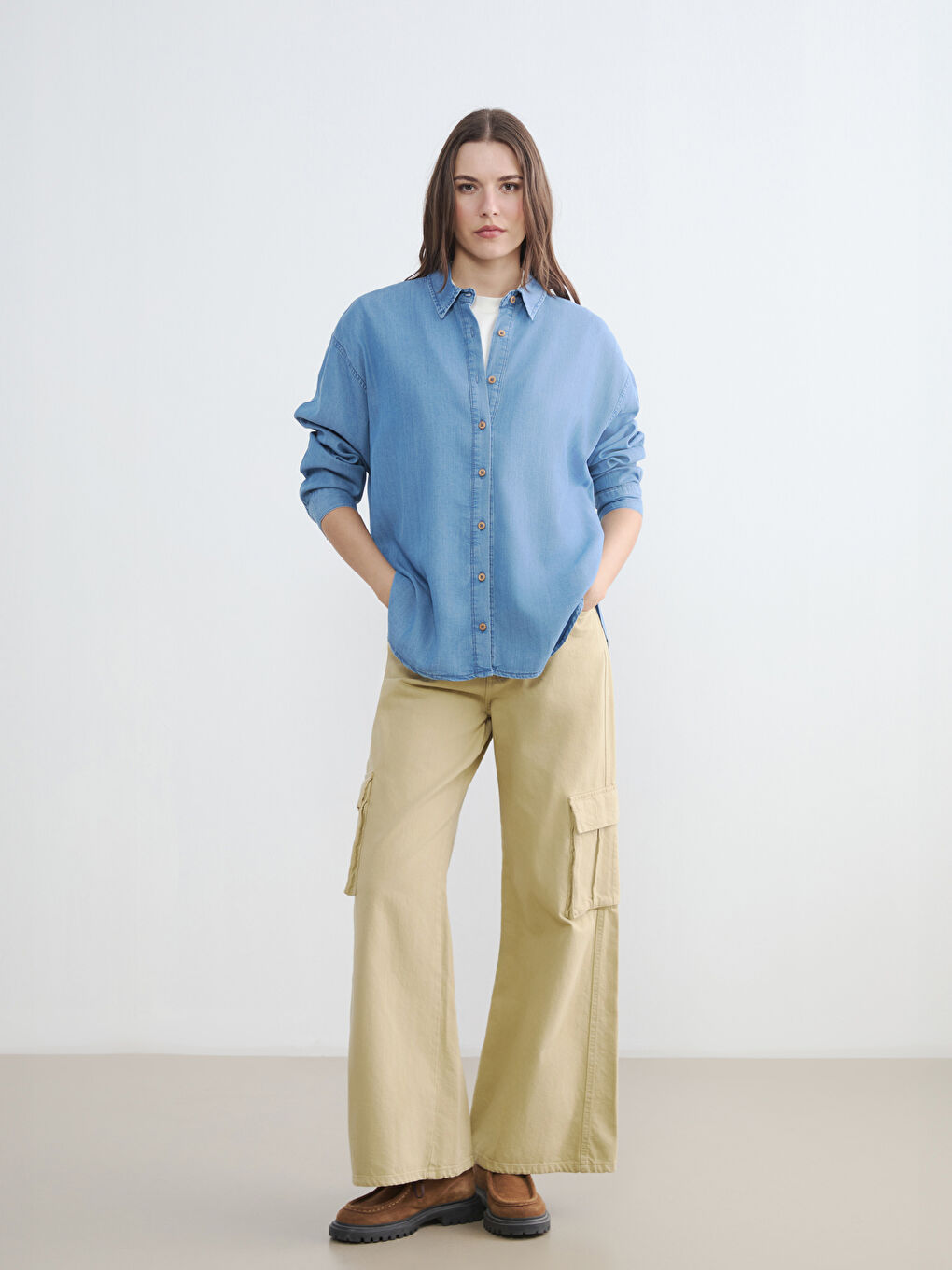 İndigo Oversize Kadın Jean Gömlek-1