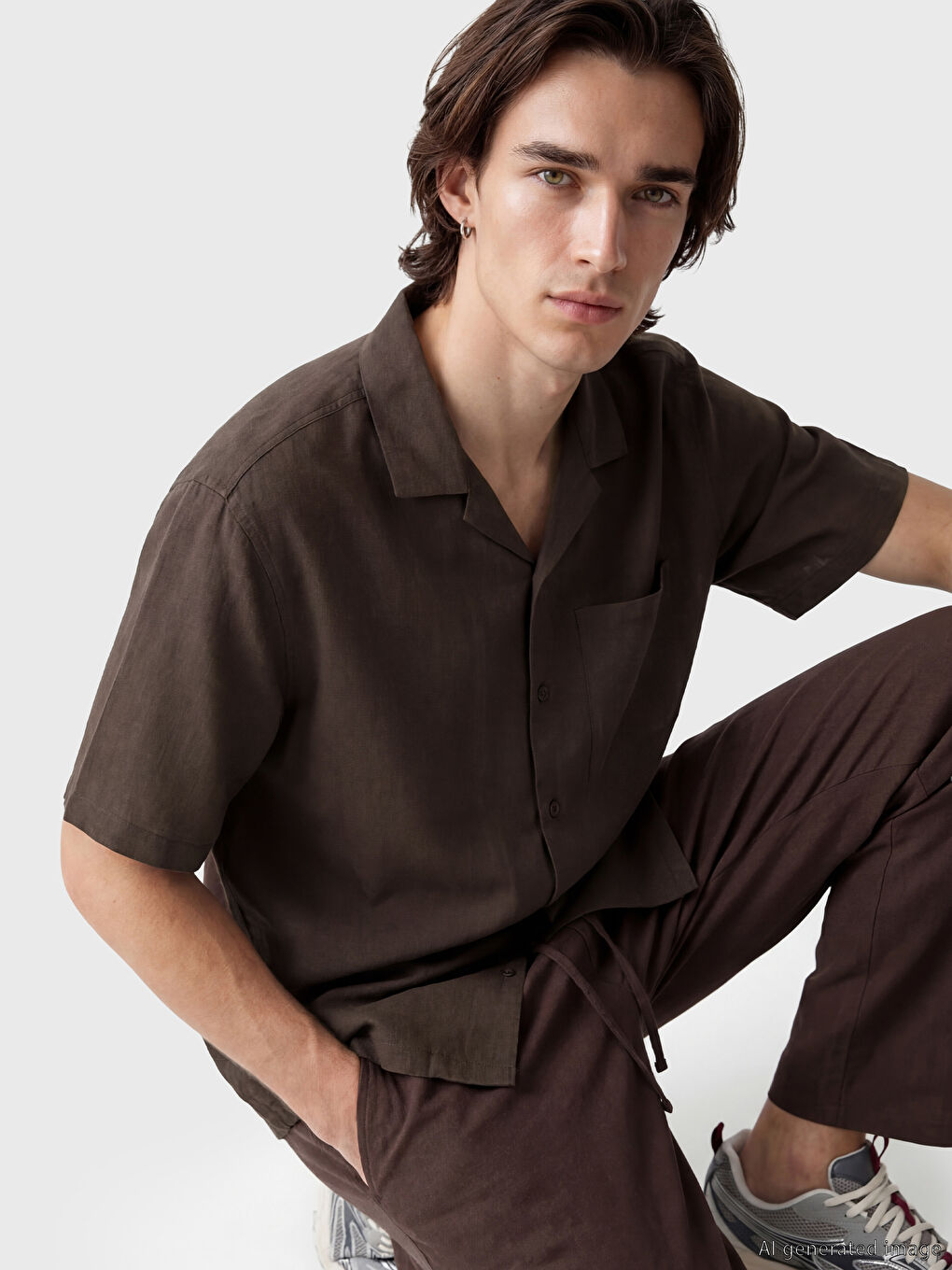 Kahverengi Loose Fit Keten Görünümlü Erkek Gömlek