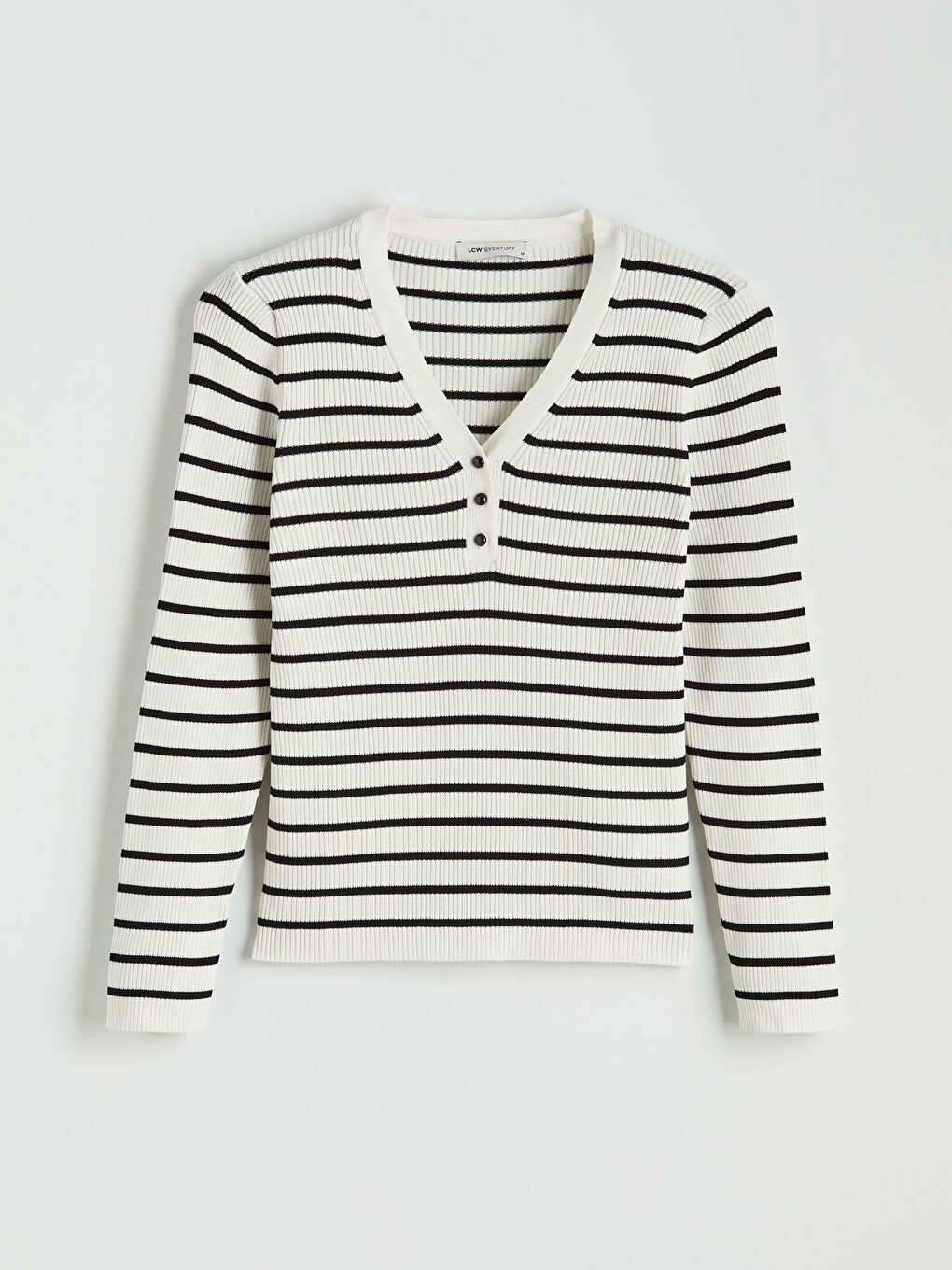 Beyaz V Yaka Çizgili Kadın Triko Kazak-4