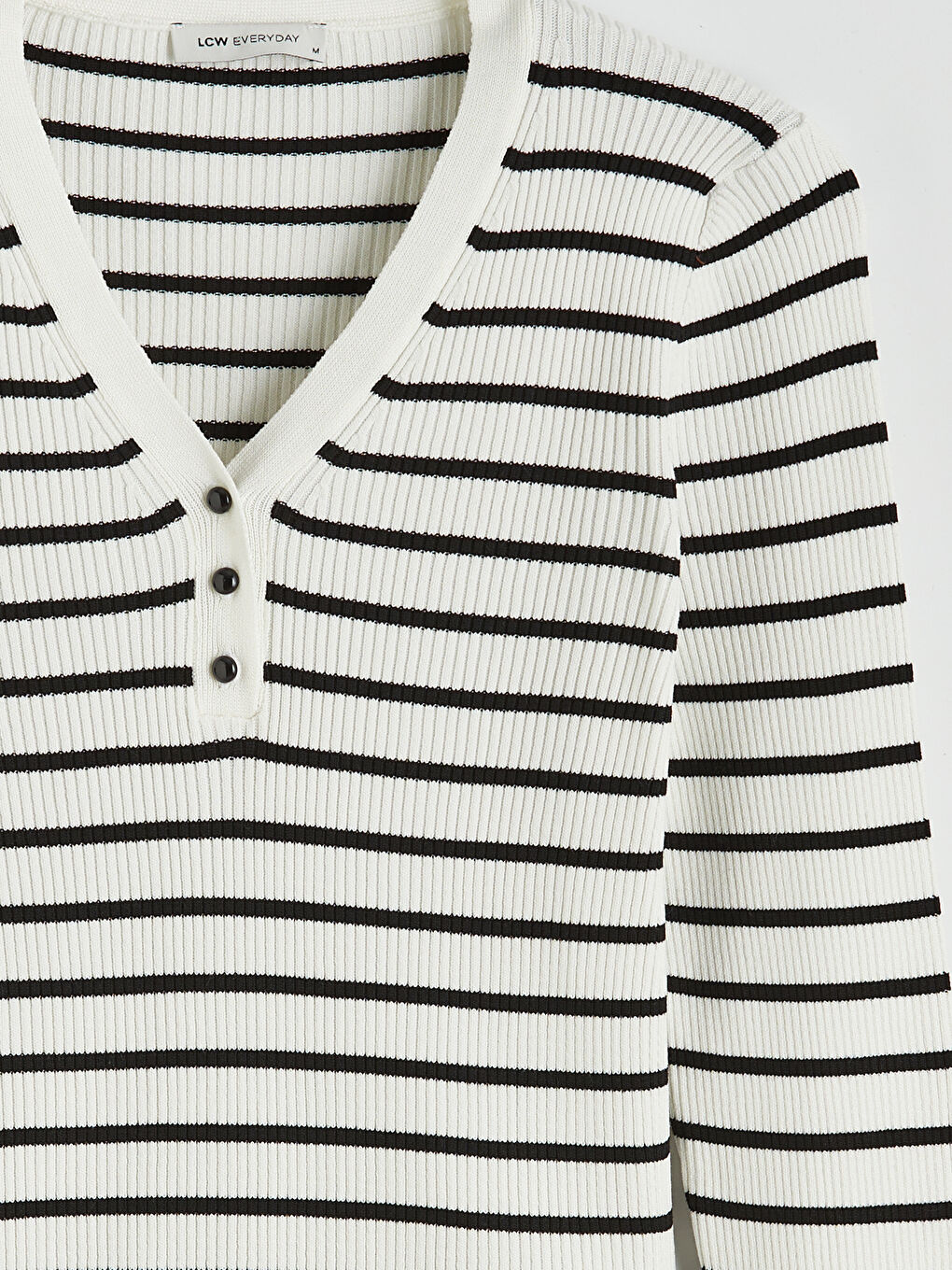 Beyaz V Yaka Çizgili Kadın Triko Kazak-5