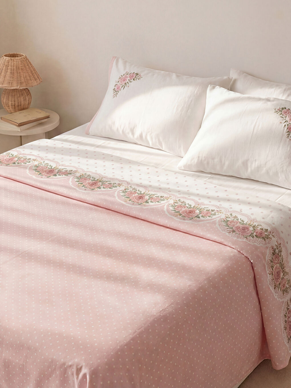 Pembe Çiçek Desenli Pamuklu Çift Kişilik Pike Seti