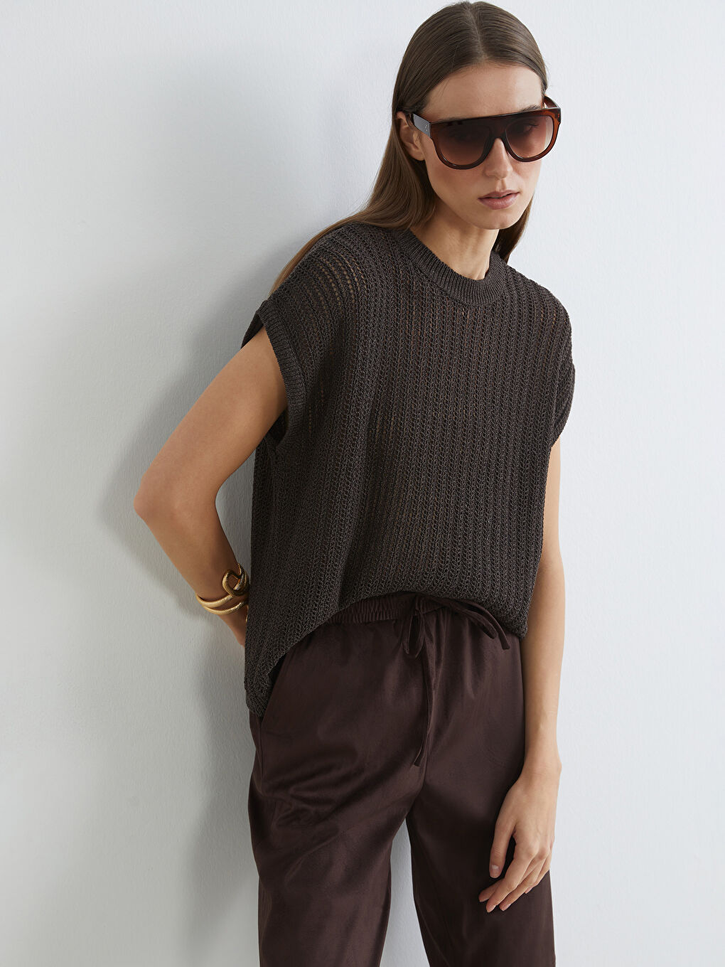 Kahverengi Bisiklet Yaka Ajurlu Kadın Triko Kazak