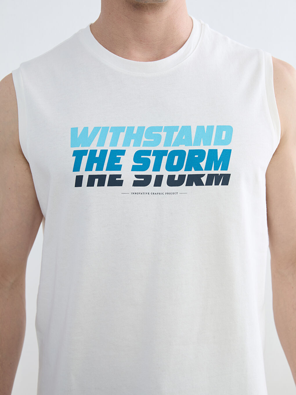 Beyaz Bisiklet Yaka Baskılı Penye Erkek Tişört-2