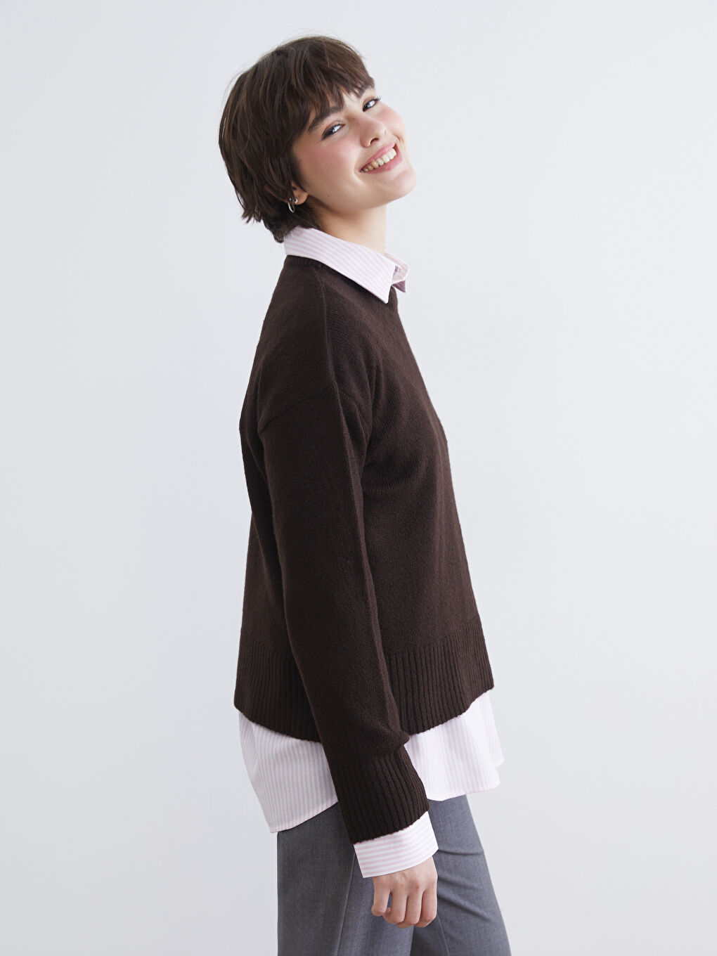 Kahverengi Bisiklet Yaka Kadın Triko Kazak