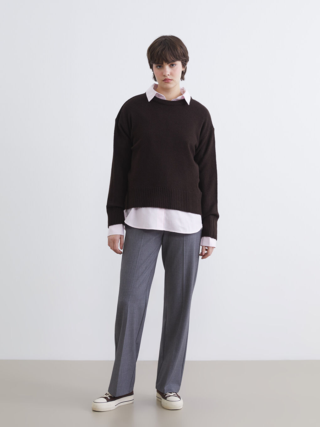 Kahverengi Bisiklet Yaka Kadın Triko Kazak-1