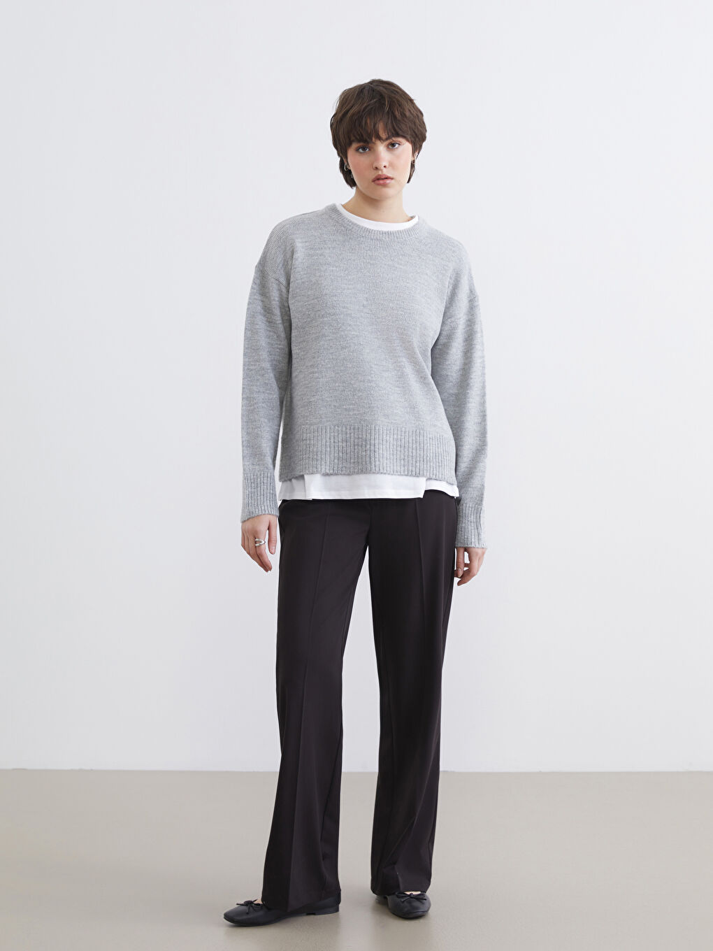 Gri Bisiklet Yaka Kadın Triko Kazak-1