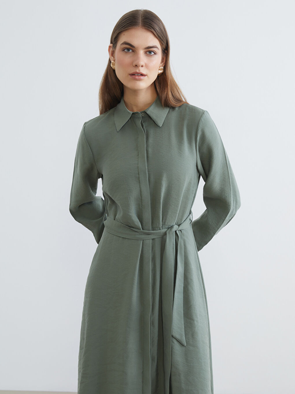 Yeşil Beli Kuşaklı Modal Karışımlı Gömlek Elbise-1