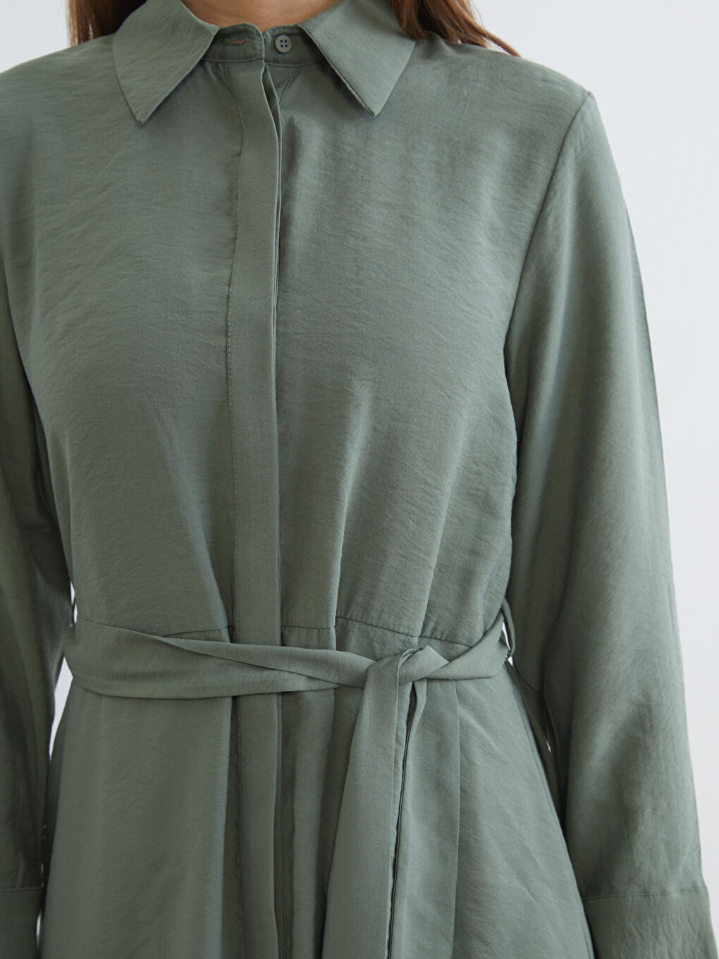 Yeşil Beli Kuşaklı Modal Karışımlı Gömlek Elbise-2