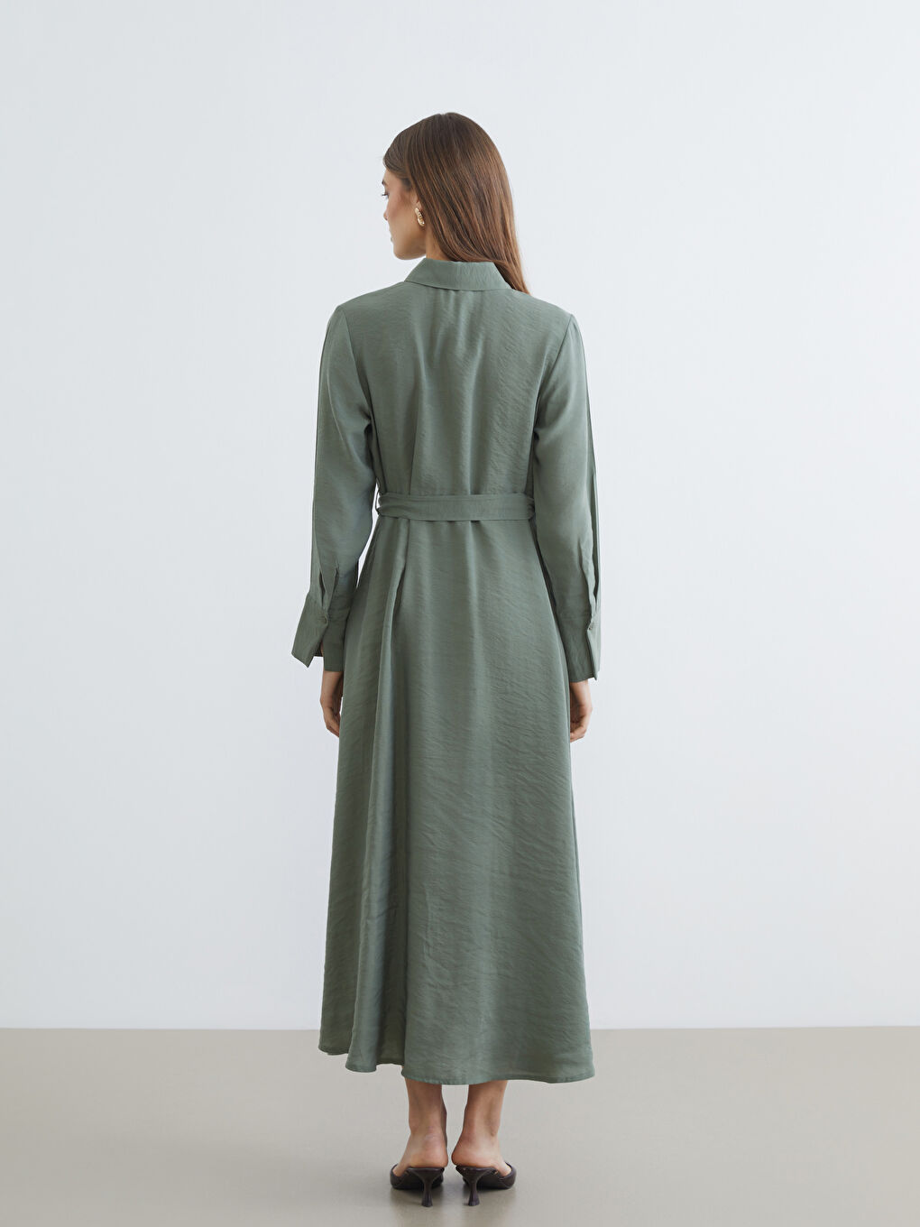 Yeşil Beli Kuşaklı Modal Karışımlı Gömlek Elbise-3