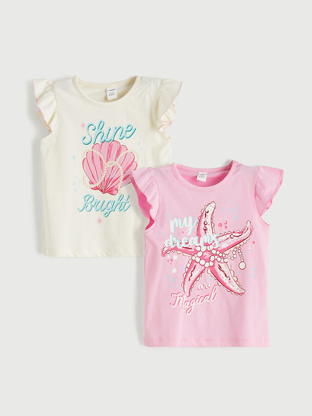 بلوزة بنات بطبعة وياقة دائرية مع كشكشة - عبوة من قطعتين