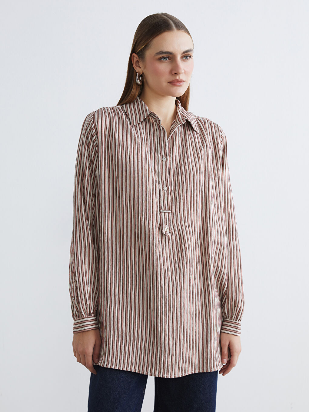 Karışık Çizgili Oversize Kadın Gömlek Tunik