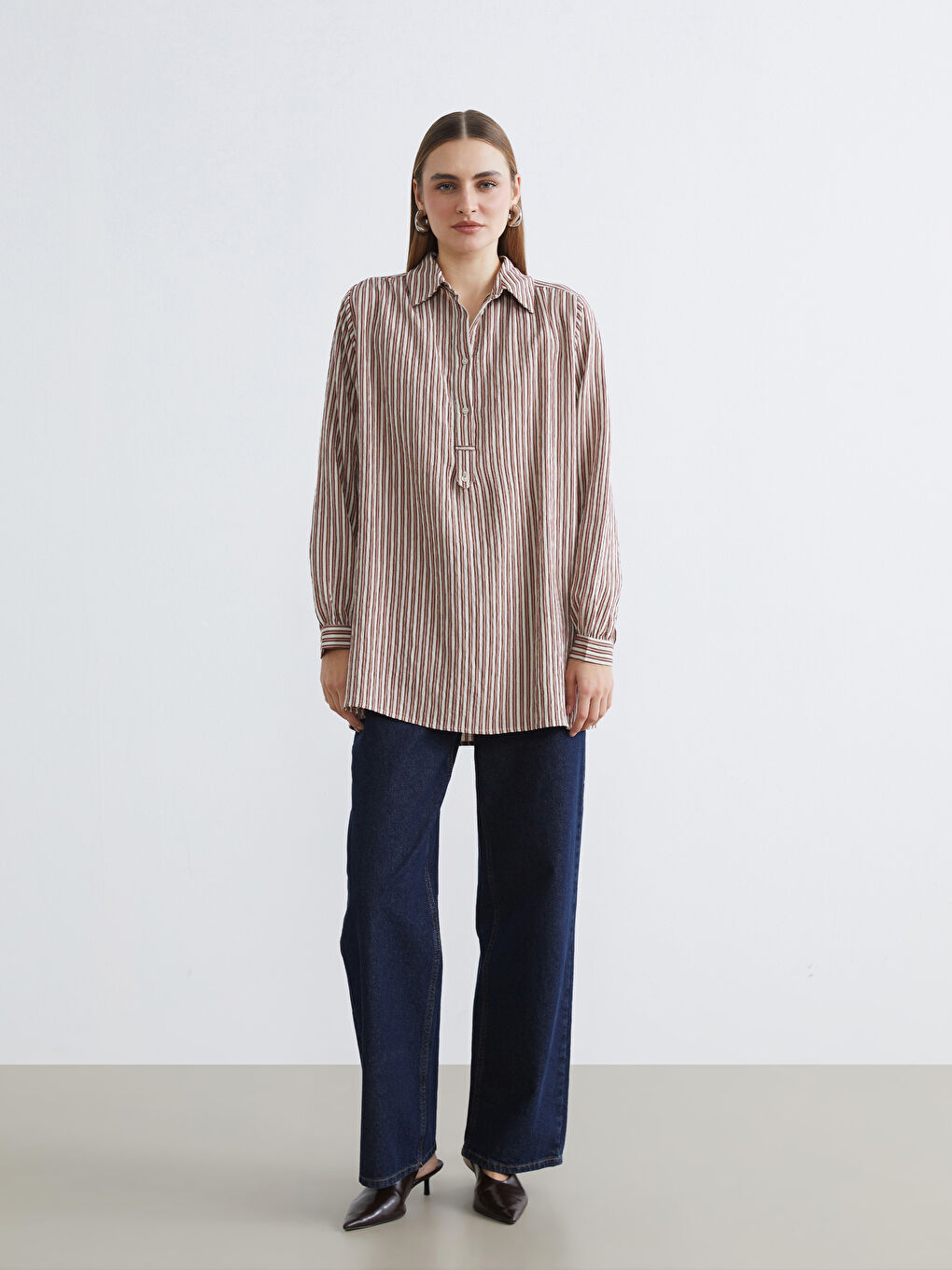 Karışık Çizgili Oversize Kadın Gömlek Tunik-1