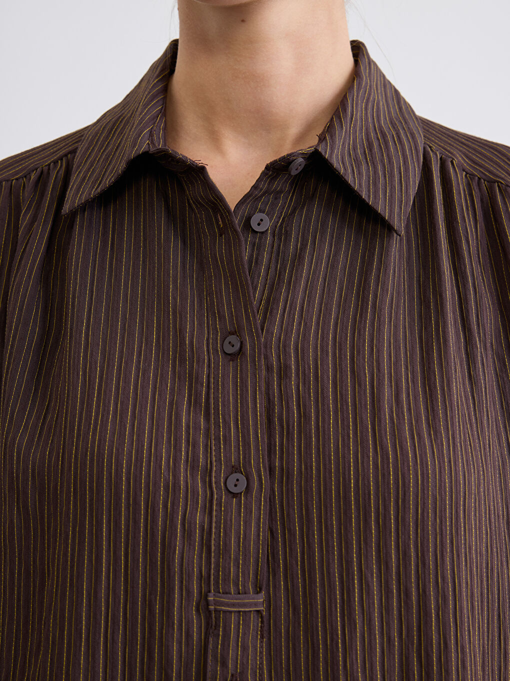 Kahverengi Gömlek Yaka Çizgili Oversize Armürlü Kadın Tunik-2