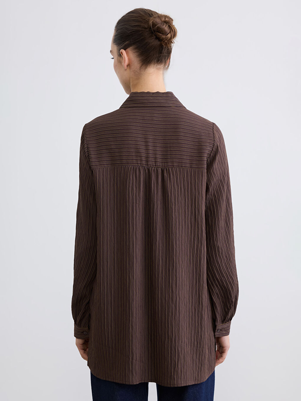 Kahverengi Gömlek Yaka Çizgili Oversize Armürlü Kadın Tunik-4