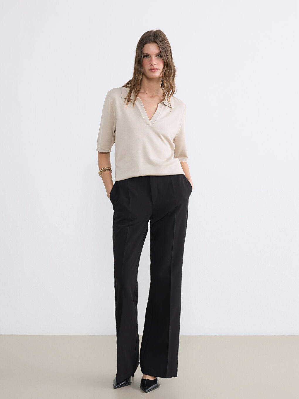 Bej Polo Yaka Kadın Triko Kazak-1