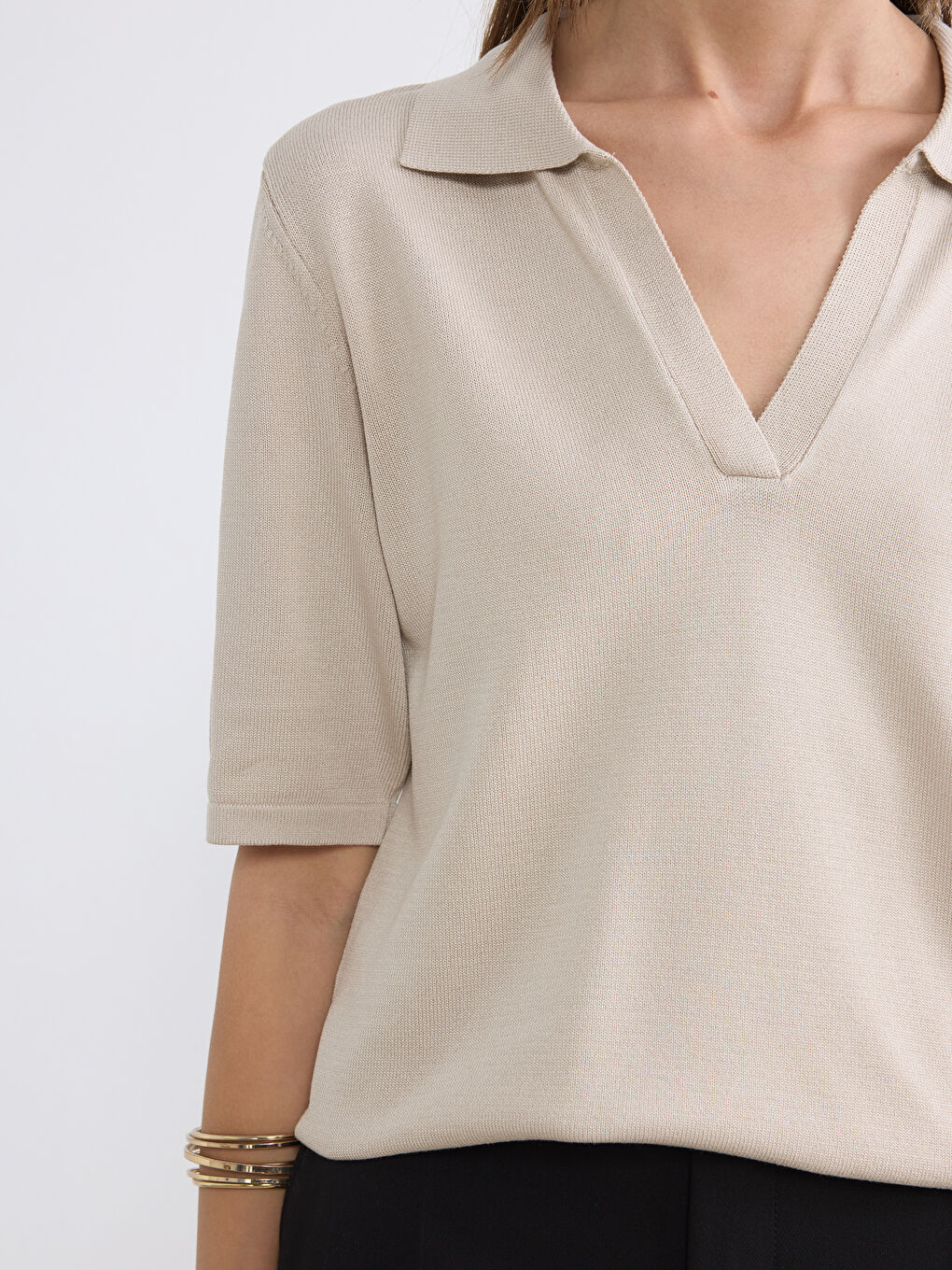 Bej Polo Yaka Kadın Triko Kazak-2
