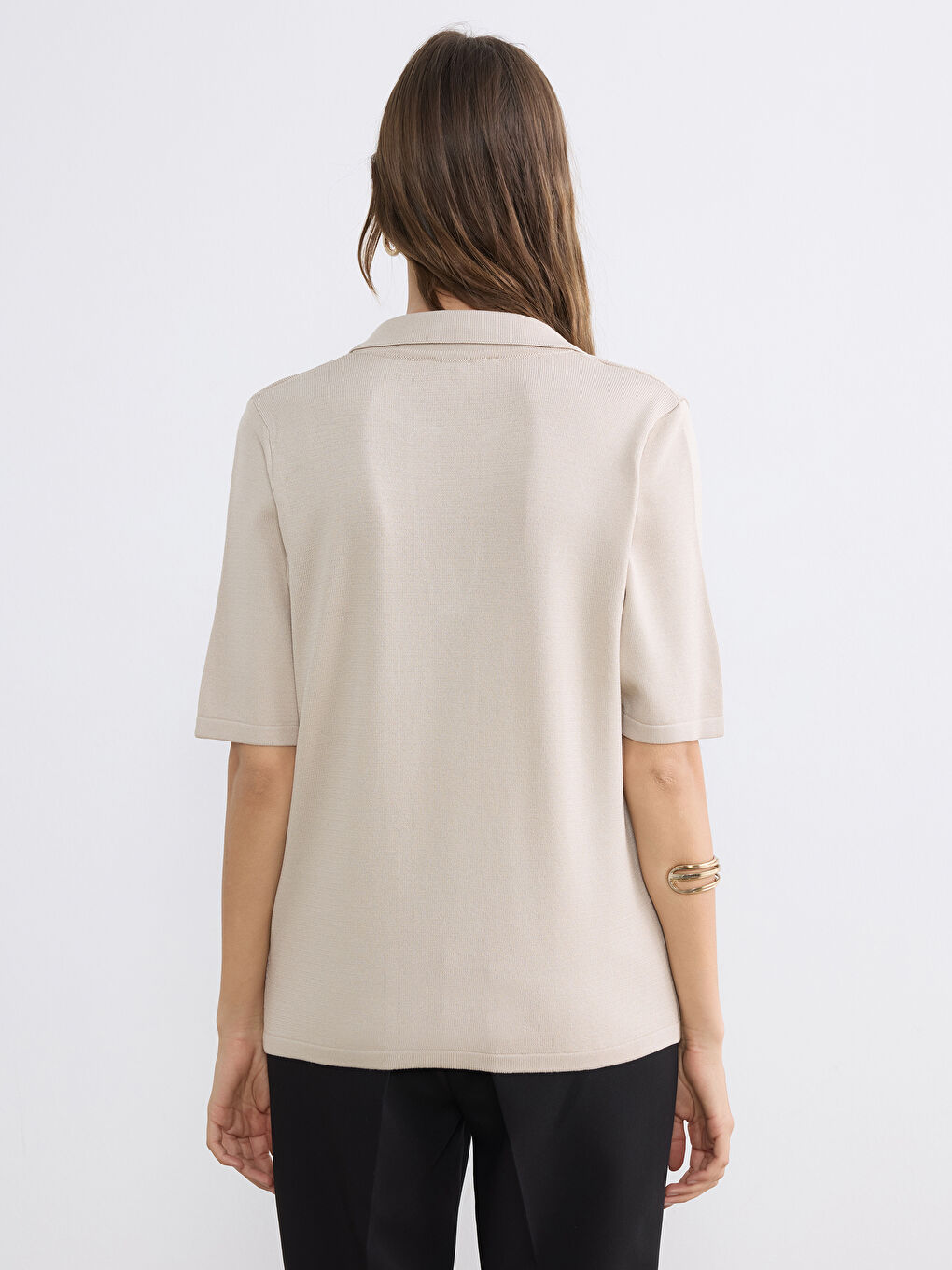 Bej Polo Yaka Kadın Triko Kazak-3