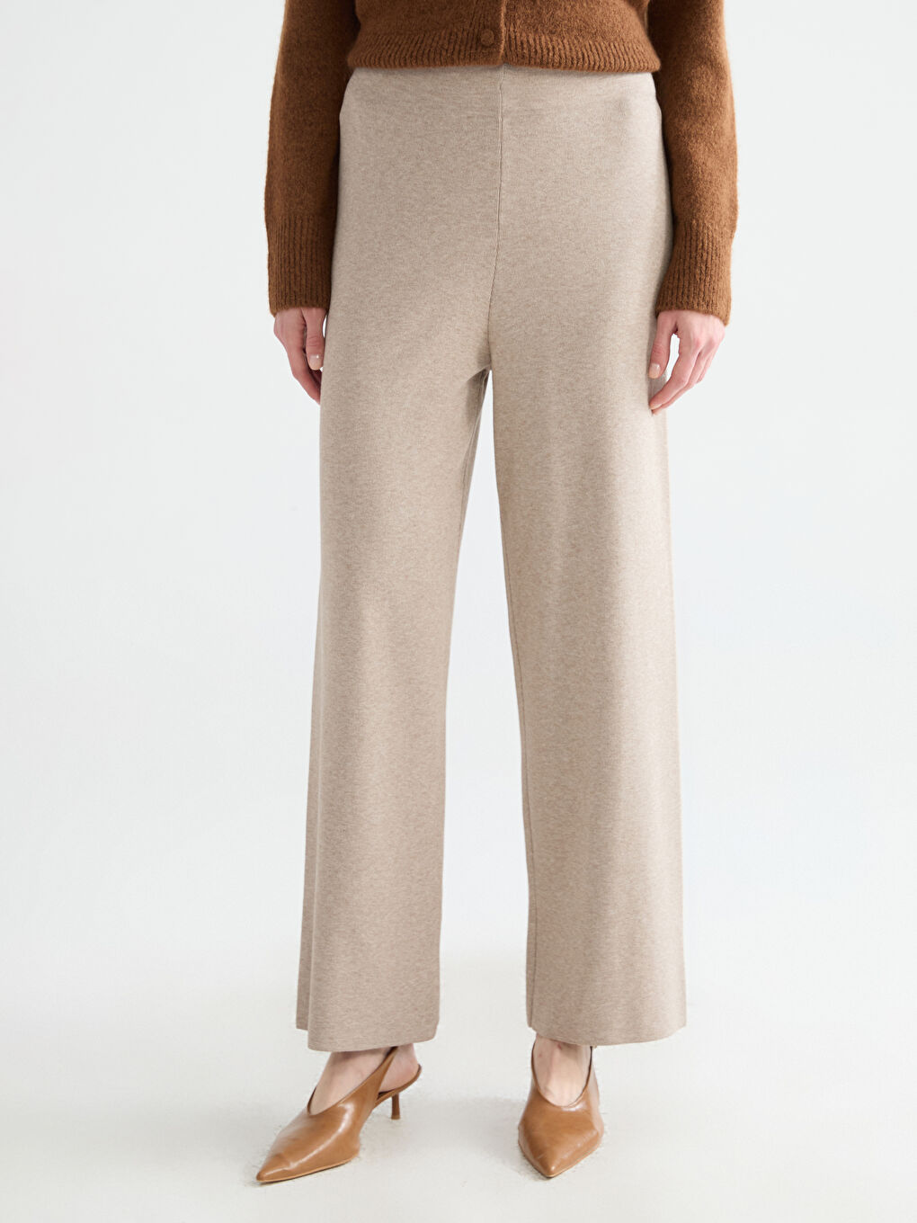 Bej Beli Lastikli Kadın Triko Pantolon-1